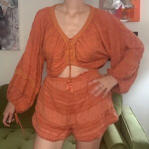Free People Orange Boho Matching shorts Set - sz M